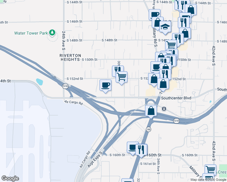 map of restaurants, bars, coffee shops, grocery stores, and more near 15234 29th Avenue South in SeaTac