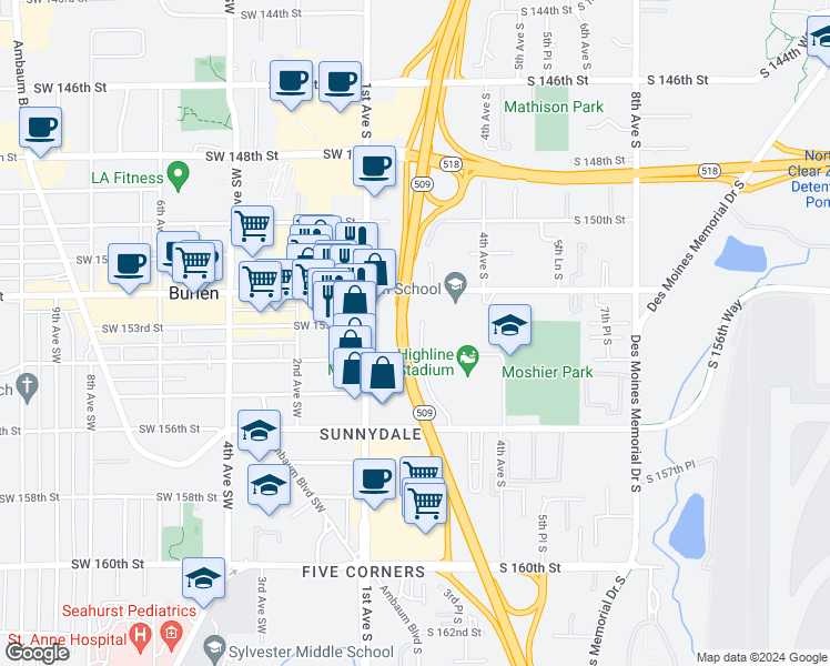 map of restaurants, bars, coffee shops, grocery stores, and more near 137 South 152nd Street in Burien