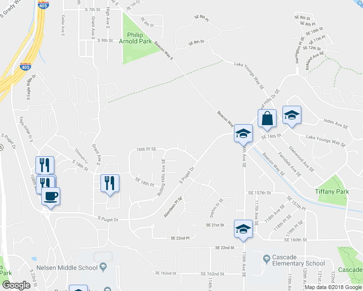 map of restaurants, bars, coffee shops, grocery stores, and more near 1615 Rolling Hills Avenue Southeast in Renton