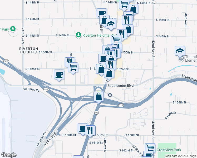 map of restaurants, bars, coffee shops, grocery stores, and more near 15311 33rd Avenue South in SeaTac