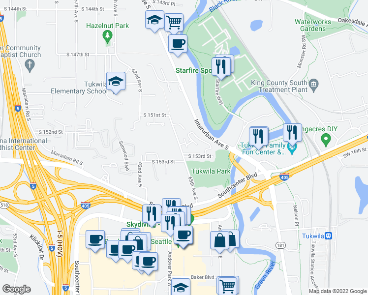 map of restaurants, bars, coffee shops, grocery stores, and more near 15140 65th Avenue South in Tukwila