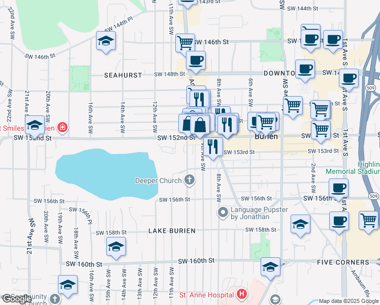 map of restaurants, bars, coffee shops, grocery stores, and more near 15222 10th Avenue Southwest in Burien