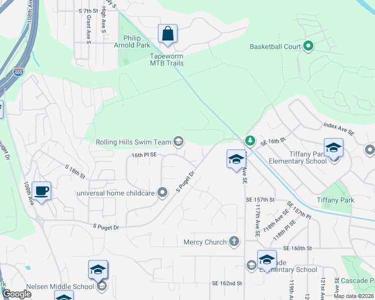 map of restaurants, bars, coffee shops, grocery stores, and more near 1615 Rolling Hills Avenue Southeast in Renton