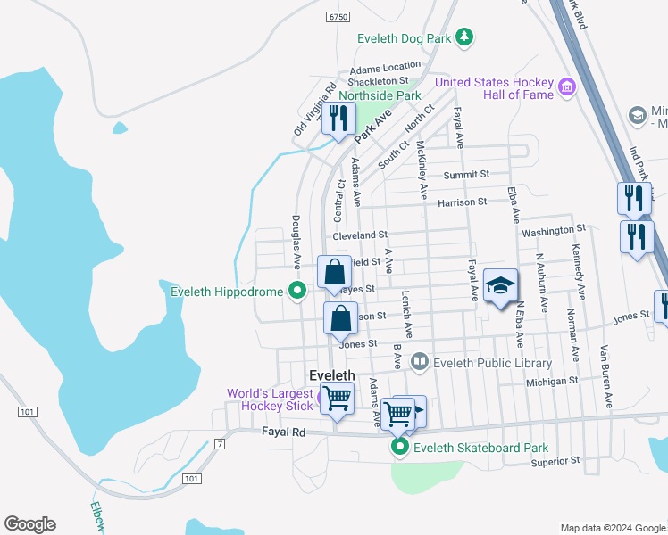 map of restaurants, bars, coffee shops, grocery stores, and more near 620 Grant Avenue in Eveleth