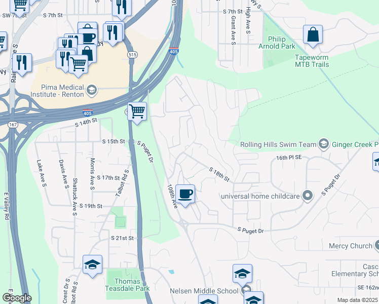 map of restaurants, bars, coffee shops, grocery stores, and more near 1104 South 18th Street in Renton