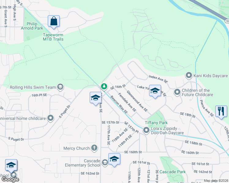 map of restaurants, bars, coffee shops, grocery stores, and more near 1601 Ferndale Avenue Southeast in Renton