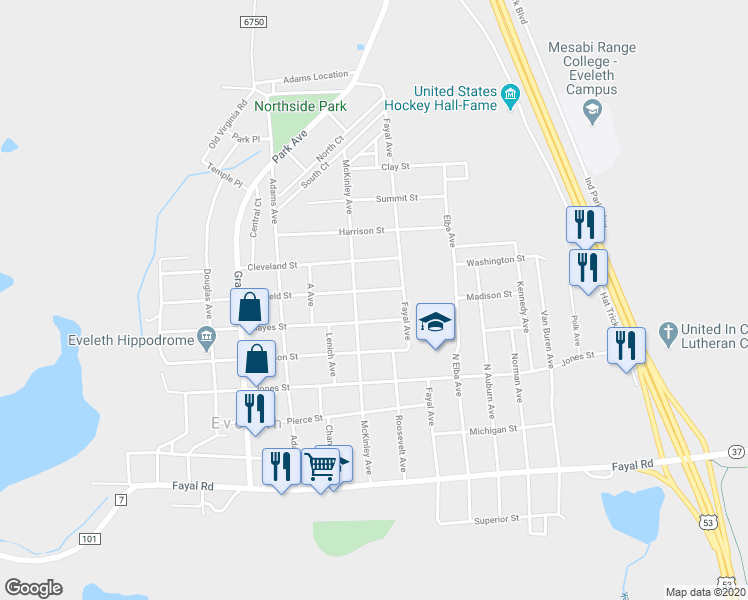 map of restaurants, bars, coffee shops, grocery stores, and more near 712 Garfield Street in Eveleth