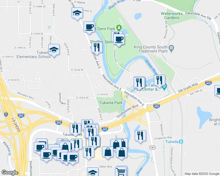map of restaurants, bars, coffee shops, grocery stores, and more near 15150 65th Avenue South in Tukwila