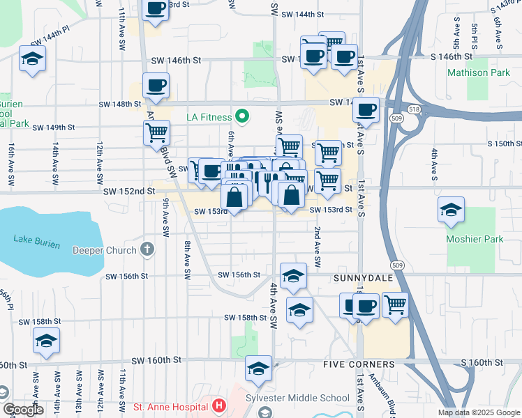 map of restaurants, bars, coffee shops, grocery stores, and more near 410 SW 153rd St in Burien