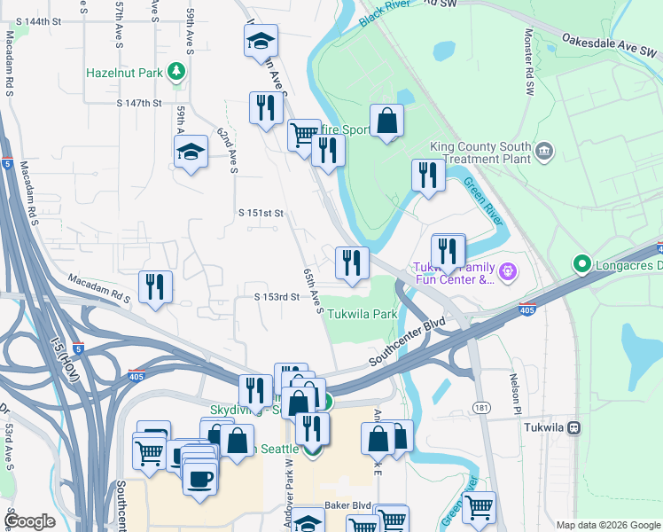 map of restaurants, bars, coffee shops, grocery stores, and more near 15150 65th Avenue South in Tukwila
