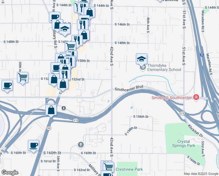 map of restaurants, bars, coffee shops, grocery stores, and more near 15227 42nd Ave S in Tukwila