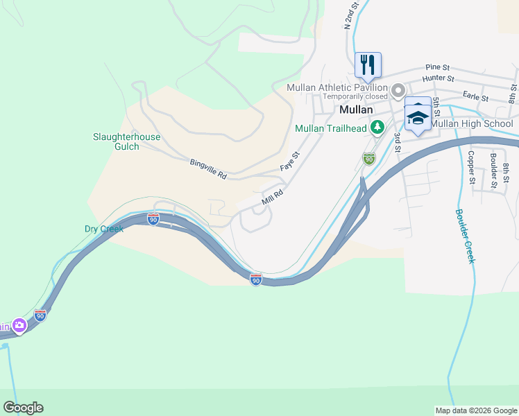 map of restaurants, bars, coffee shops, grocery stores, and more near 305 Mill Road in Mullan