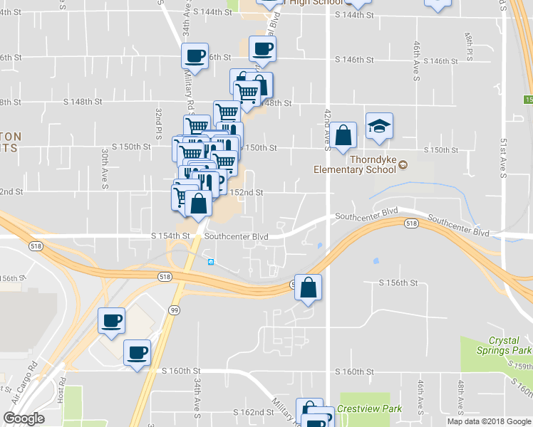 map of restaurants, bars, coffee shops, grocery stores, and more near 15222 37th Place South in Tukwila