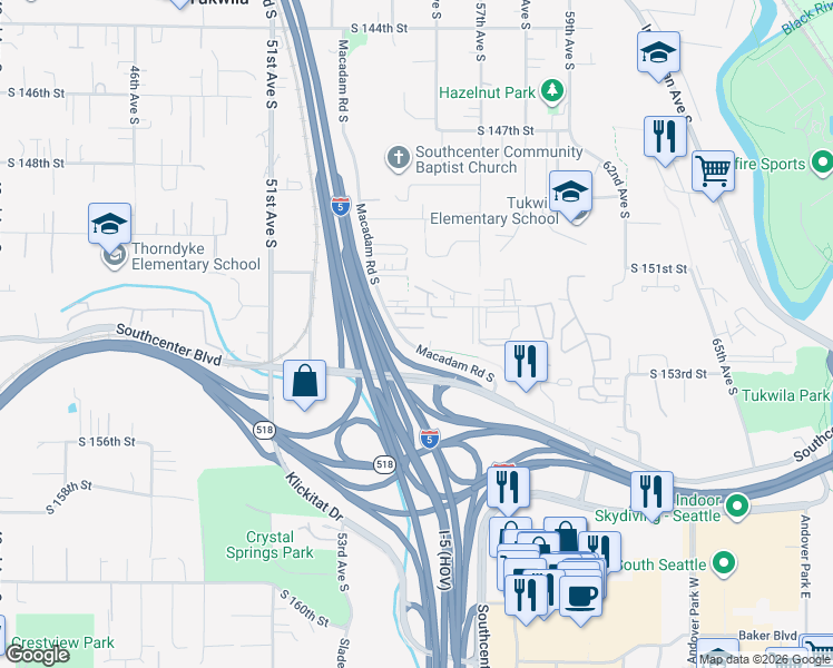 map of restaurants, bars, coffee shops, grocery stores, and more near 15280 Macadam Road South in Tukwila