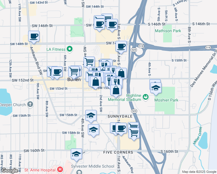map of restaurants, bars, coffee shops, grocery stores, and more near 134 Southwest 153rd Street in Seattle