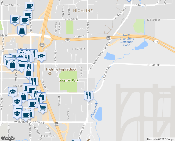 map of restaurants, bars, coffee shops, grocery stores, and more near 15500 8th Avenue South in Burien