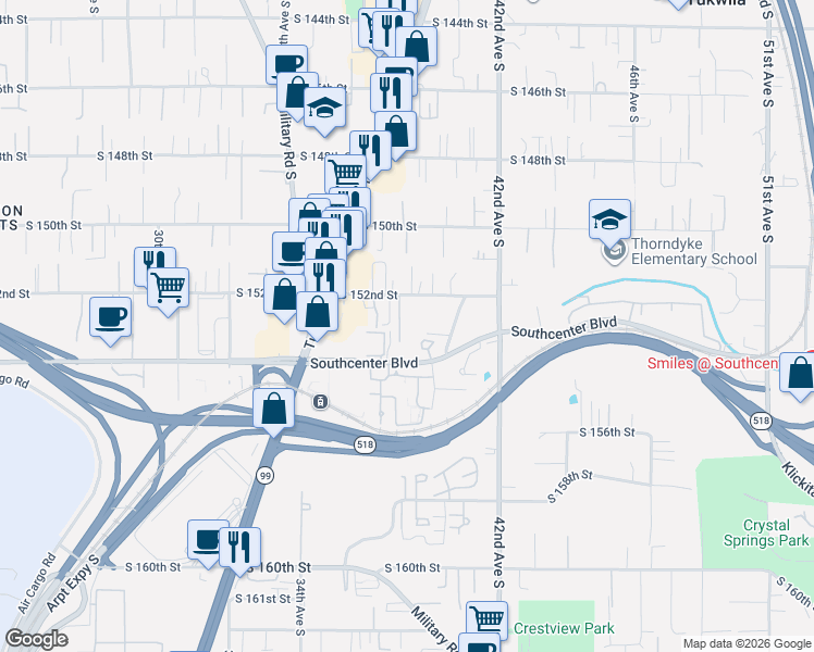 map of restaurants, bars, coffee shops, grocery stores, and more near 15222 37th Place South in Tukwila