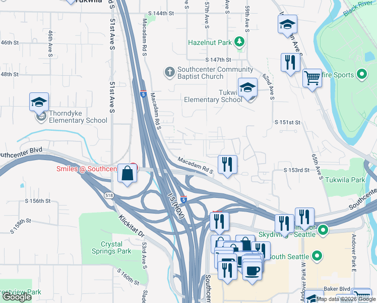 map of restaurants, bars, coffee shops, grocery stores, and more near 5555 South 152nd Street in Tukwila
