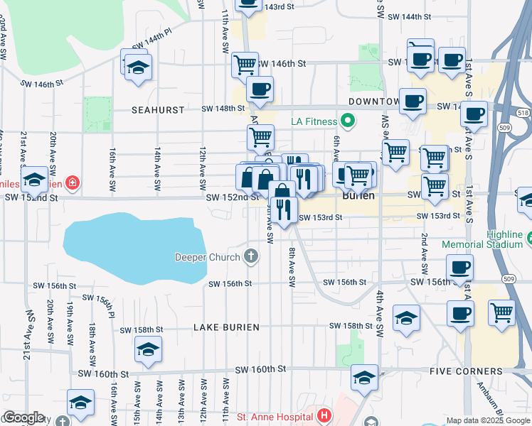 map of restaurants, bars, coffee shops, grocery stores, and more near 15227 9th Avenue Southwest in Burien