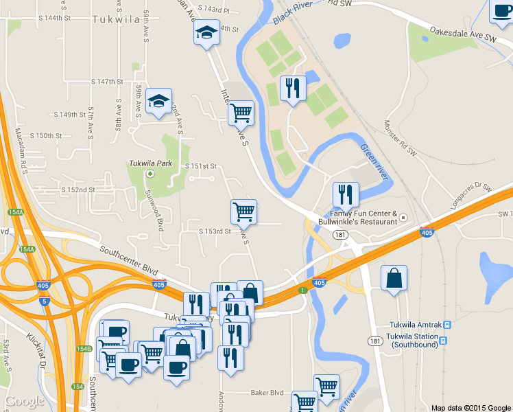 map of restaurants, bars, coffee shops, grocery stores, and more near 15154 65th Avenue South in Tukwila