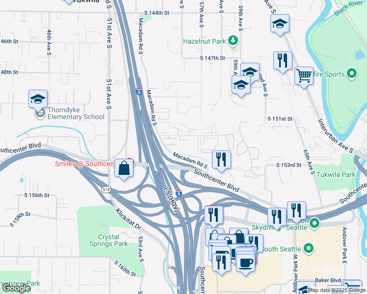 map of restaurants, bars, coffee shops, grocery stores, and more near 5555 South 152nd Street in Tukwila