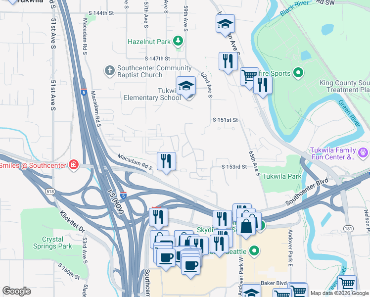 map of restaurants, bars, coffee shops, grocery stores, and more near 15175 Sunwood Boulevard in Tukwila