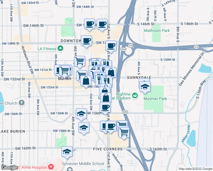 map of restaurants, bars, coffee shops, grocery stores, and more near 15225 1st Avenue South in Burien