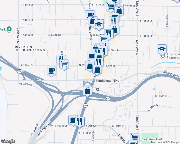 map of restaurants, bars, coffee shops, grocery stores, and more near 15300 33rd Avenue South in SeaTac
