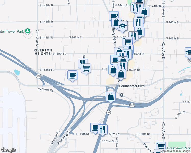 map of restaurants, bars, coffee shops, grocery stores, and more near 3020 South 154th Street in Seattle