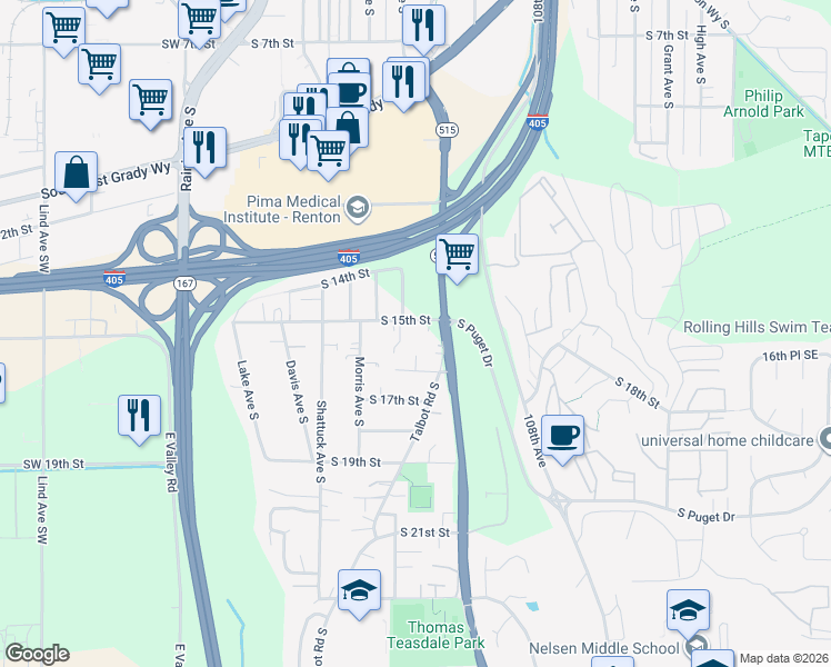map of restaurants, bars, coffee shops, grocery stores, and more near 631 South 15th Street in Renton
