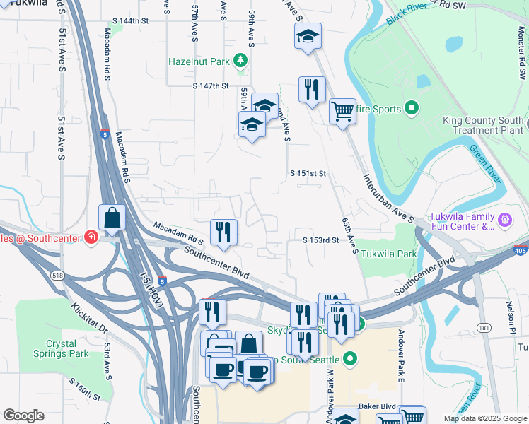 map of restaurants, bars, coffee shops, grocery stores, and more near 15195 Sunwood Boulevard in Tukwila