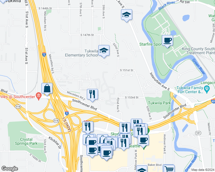 map of restaurants, bars, coffee shops, grocery stores, and more near 15195 Sunwood Boulevard in Tukwila