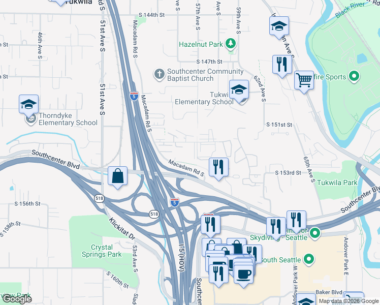 map of restaurants, bars, coffee shops, grocery stores, and more near 5555 South 152nd Street in Tukwila