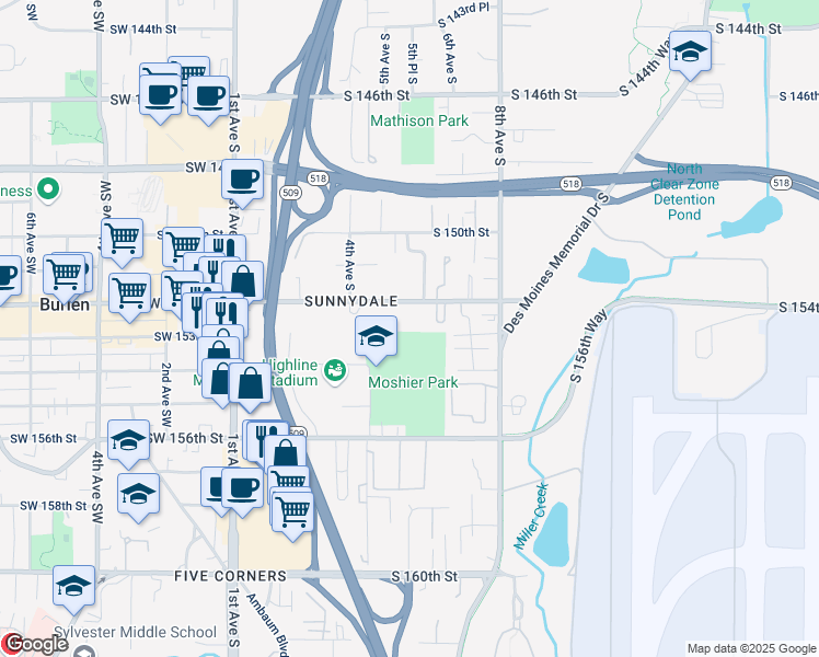 map of restaurants, bars, coffee shops, grocery stores, and more near 609 South 152nd Street in Seattle