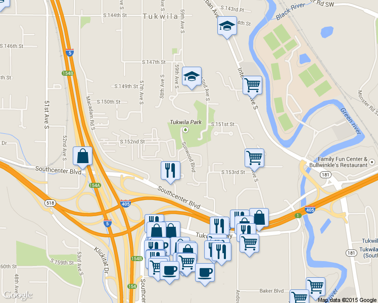 map of restaurants, bars, coffee shops, grocery stores, and more near 15123 Sunwood Boulevard in Tukwila