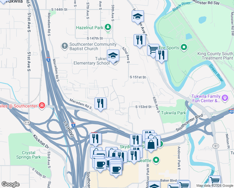 map of restaurants, bars, coffee shops, grocery stores, and more near 15185 Sunwood Boulevard in Tukwila