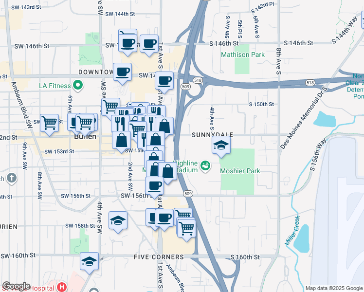 map of restaurants, bars, coffee shops, grocery stores, and more near 137 South 152nd Street in Burien