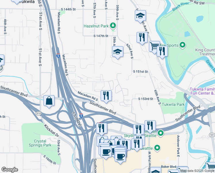 map of restaurants, bars, coffee shops, grocery stores, and more near 5851 South 152nd Street in Tukwila