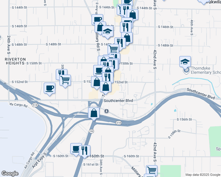 map of restaurants, bars, coffee shops, grocery stores, and more near 15210 Tukwila International Blvd in Tukwila