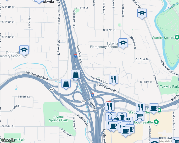 map of restaurants, bars, coffee shops, grocery stores, and more near 15280 Macadam Road South in Tukwila