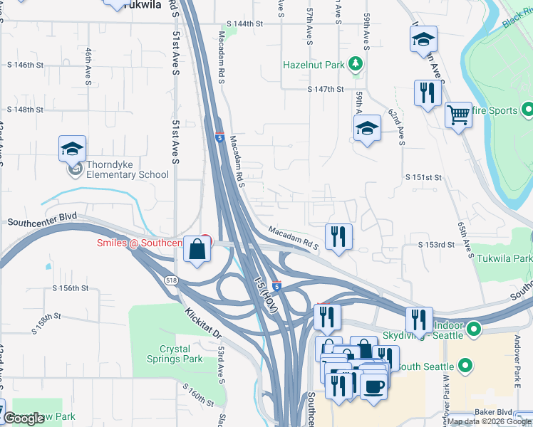 map of restaurants, bars, coffee shops, grocery stores, and more near 15280 Macadam Road South in Tukwila
