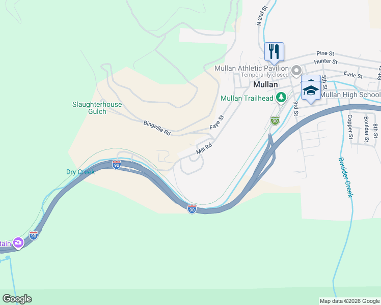 map of restaurants, bars, coffee shops, grocery stores, and more near 305 Mill Road in Mullan