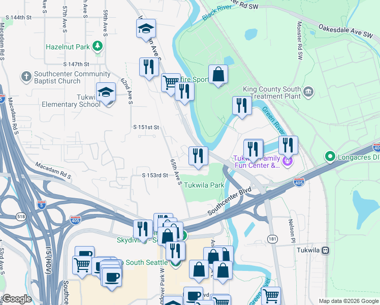 map of restaurants, bars, coffee shops, grocery stores, and more near 15152 65th Avenue South in Tukwila