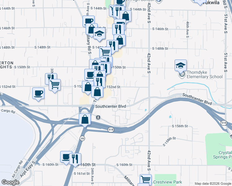 map of restaurants, bars, coffee shops, grocery stores, and more near 3700 Southcenter Boulevard in Tukwila