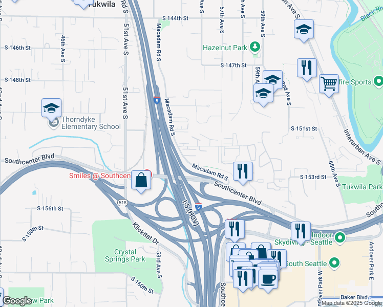 map of restaurants, bars, coffee shops, grocery stores, and more near 15280 Macadam Road South in Tukwila