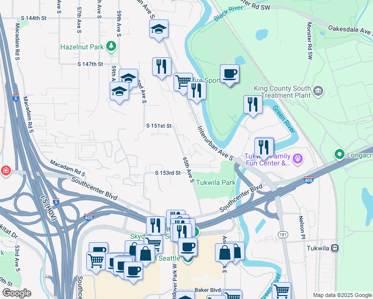 map of restaurants, bars, coffee shops, grocery stores, and more near 15140 65th Avenue South in Tukwila
