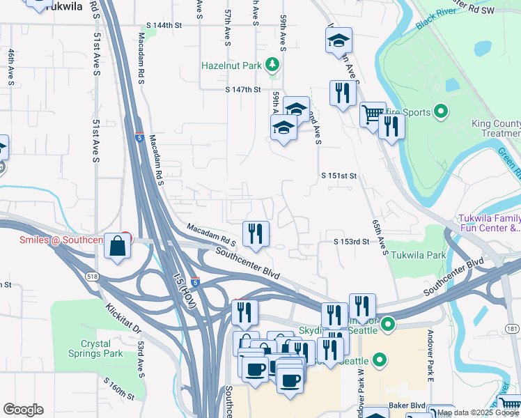 map of restaurants, bars, coffee shops, grocery stores, and more near 5851 South 152nd Street in Tukwila