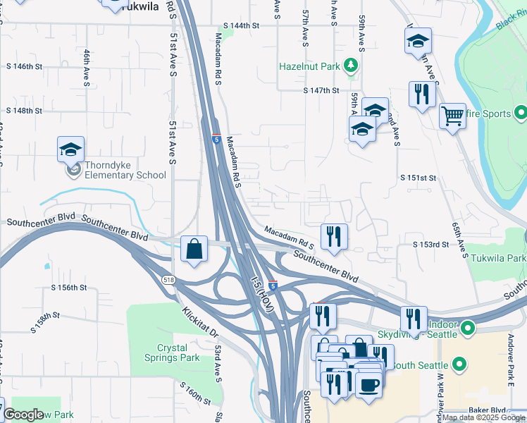 map of restaurants, bars, coffee shops, grocery stores, and more near 15280 Macadam Road South in Tukwila