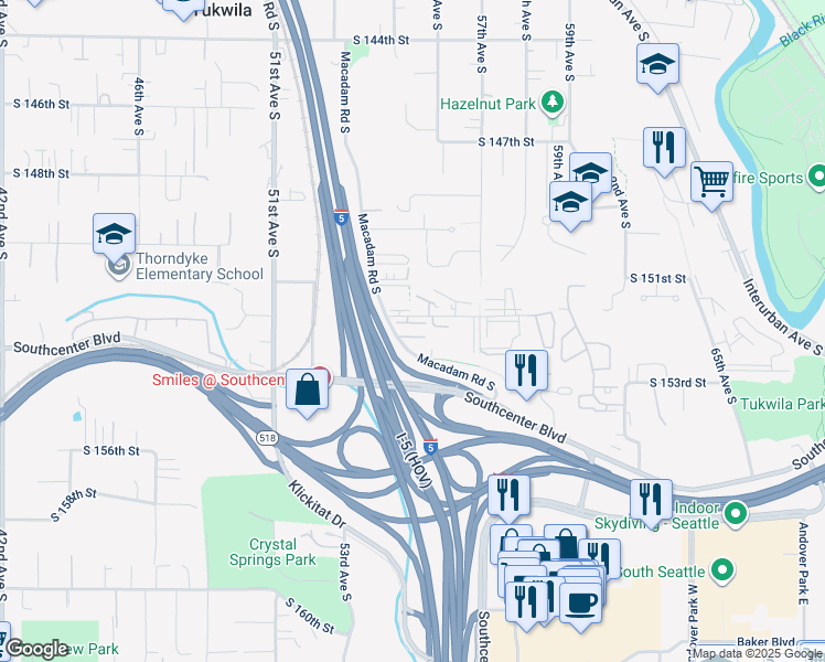 map of restaurants, bars, coffee shops, grocery stores, and more near 15280 Macadam Road South in Tukwila