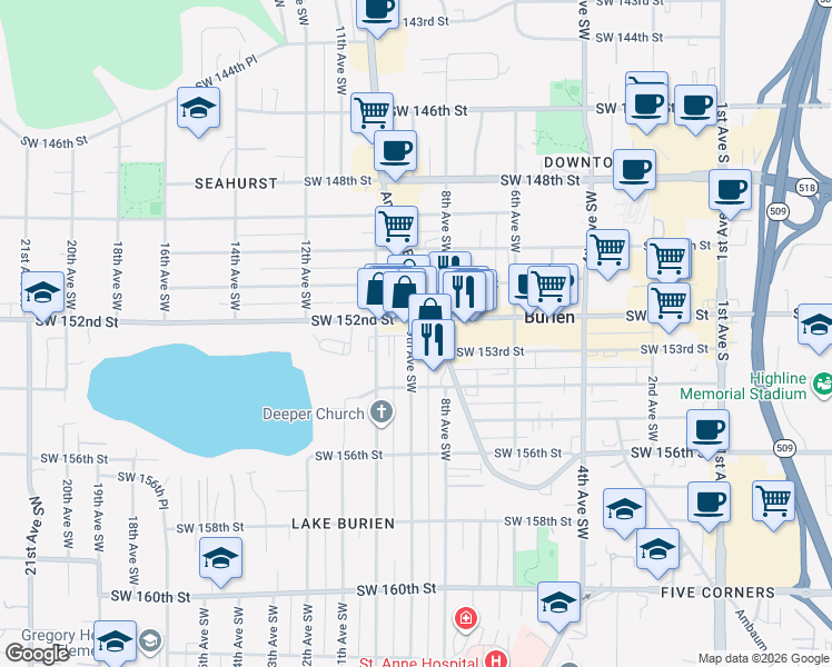 map of restaurants, bars, coffee shops, grocery stores, and more near 15227 9th Avenue Southwest in Burien